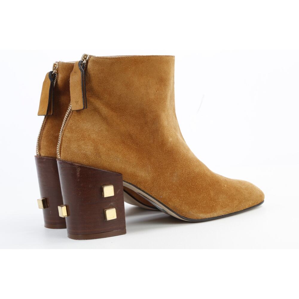 Stuart Weitzman Beige Suede Ankle Zipper Boots Gold Studded Block Heel Size 10 M